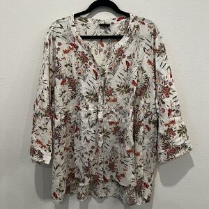 Jones New York Floral Print Blouse 3/4 Sleeve  Linen blend Top 3X Modest Peasant